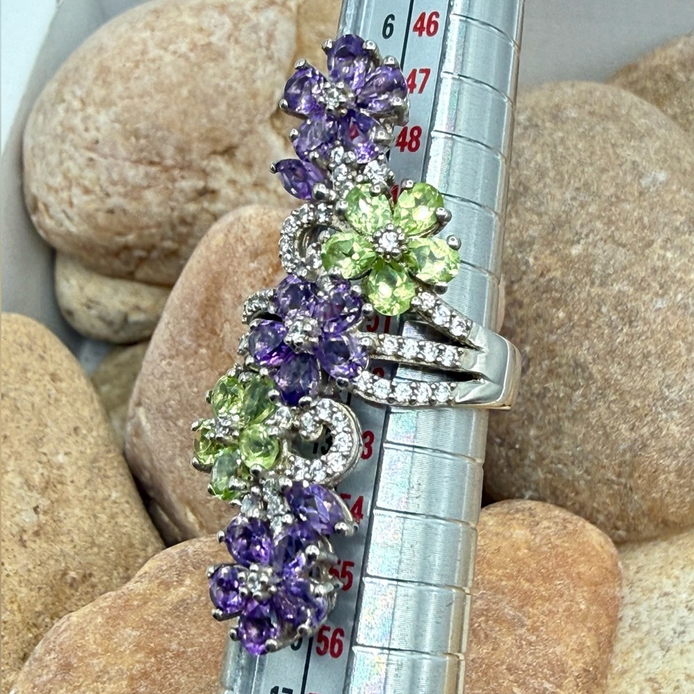 Amethyst Peridot Floral Cocktail Ring 5ctw Platinum SS Sz 6 NWT - Picture 10 of 16